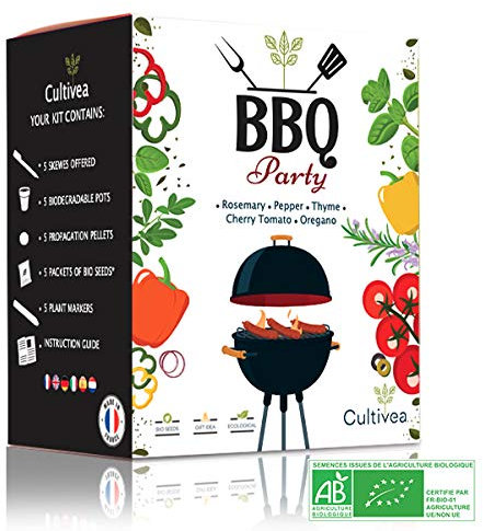 CULTIVEA® Kit BBQ Party pronto da coltivare - Semi 100% ecologici e biologici - Coltiva e divertiti - Idea regalo (Rosmarino, Timo, Origano, Pomodoro ciliegino, Pepe)