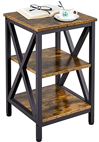 Yaheetech Mesa Auxiliar de 3 Niveles Mesita Auxiliar para Salon Mesita de Noche de Estilo Industrial Rústica para Sala de Estar Marrón 40x40x61cm