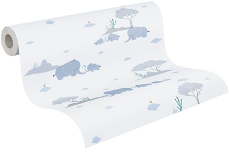A.S. Création Kinderzimmertapete Little Love Tapete mit niedlichen Elefanten PVC-freie Vliestapete blau grau weiß grün gelb seidenmatt glatt 381281
