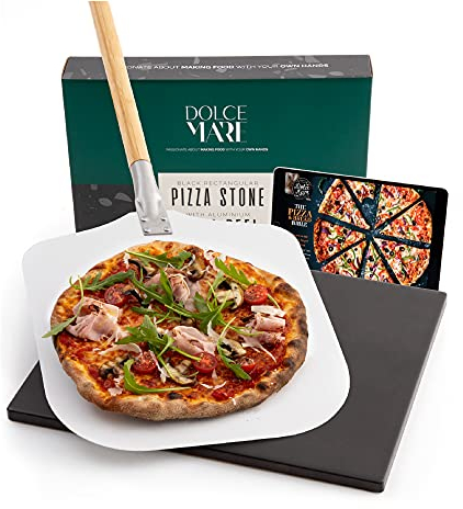 DOLCE MARE Pizzastein schwarz Inkl. Aluminium-Pizzaschieber - Pizza Stein aus hochwertigem Cordierit für Backofen & Grill - Backstein für knusprige Pizza wie beim Italiener - auch als Brotbackstein