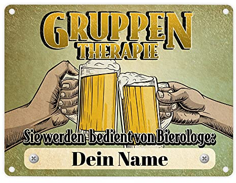 speecheese Metallschild 'Gruppentherapie mit Bier' - Personalisierbar mit Namen - Dekoschild für Kneipen oder Partykeller - Aluminium, 15cm x 20cm