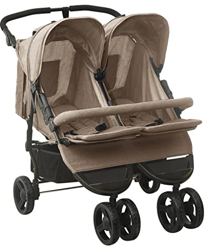 vidaXL Geschwisterwagen mit Frontstoßstange Korb Zusammenklappbar Verstellbar Kinderwagen Zwillingswagen Zwillingsbuggy Buggy Taupe Stahl