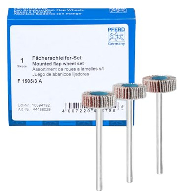 PFERD TOOLS Fächerschleifer-Set F, 3-tlg. / Korund Ø15x5mm Schaft-ø 3mm A80, 120, 180/44498029 – für Feinschliff & Finish mit dem Geradschleifer oder Biegwellenantrieb, Fächerschleifer-Set F 1505/3 A