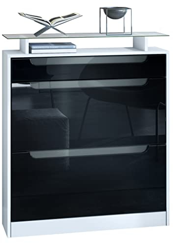 Vladon Schuhschrank Fiesta, Weiß matt/Schwarz Hochglanz/Grau Hochglanz Schuhkipper für 16 Paar Schuhe mit 2 Klappen (89 x 104 x 23 cm)