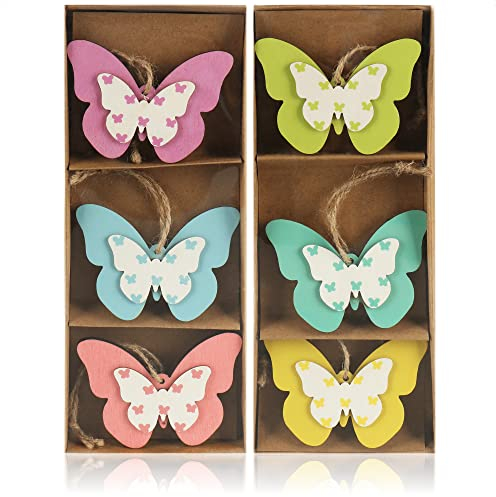 com-four® 6X Dekoaufhänger aus Holz - Bunte Schmetterlinge zum Aufhängen - Holzaufhänger für den Osterstrauch - dekorative Schmetterlinge (6 Stück - 6 Farben)