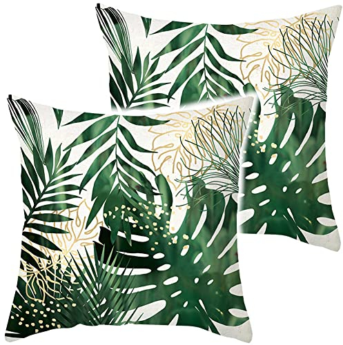 2er-Set Dekokissen Kissenbezüge 45x45 cm, Couch Überwurf Taille Quadratischer Kissenbezug, Kissenbezug für Zuhause Auto Deko, Samt, Tropisches grünes Blatt Monstera