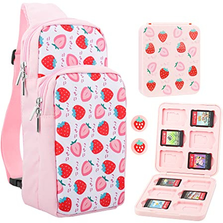FUNDIARY Travel Bag for Nintendo Switch, OLED & Lite Carrying Case, Portable Shoulder Bag Set for Switch, Crossbody Backpack Accessories Bundle with Game Case and 2 Thumb Caps - Pink Strawberry