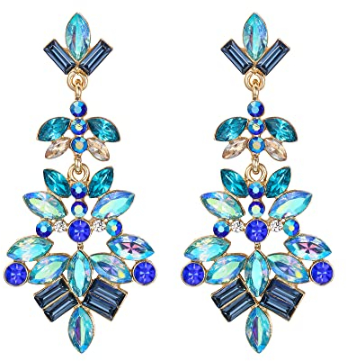 Pendientes de Mujer-Clearine Vintage Colgantes Marquesa Cuadrada Racimo de Cristal Art Deco para Mujeres,Color Azul Oro-Tono