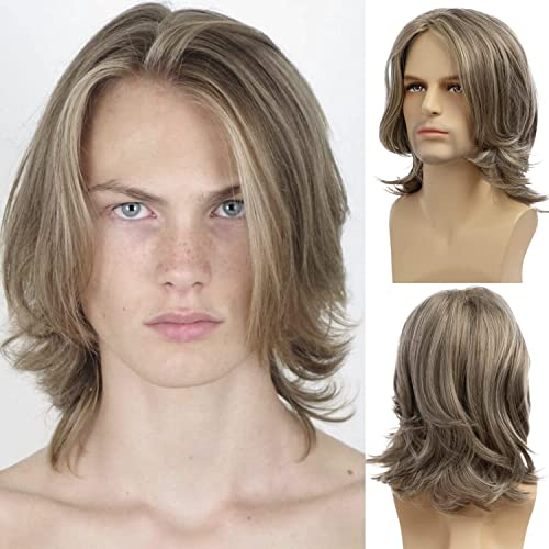 Beweig Lange goldene graue Perücke für Männer Lange gerade Perücke für Männer Mittelteil Synthetische hitzebeständige Haarperücke Alltag Party Kostüm Halloween