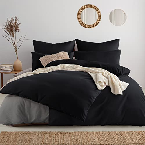 Soifox bettwäsche 155x220 4teilig Schwarz - 2 Bettbezüge 155x220 + 2 Kissenbezüge 80x80 Weich und bügelfrei Mikrofaser mit Reißverschluss (4 TLG. 155 x 220 cm, Schwarz)