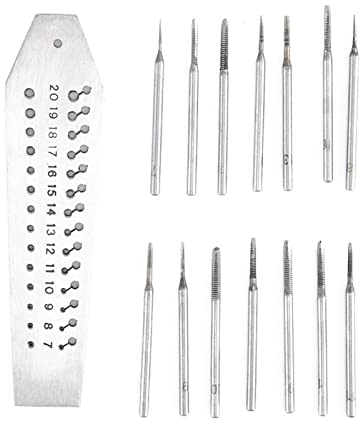 SXOPU 15 Stück/Set 36 Löcher Stahlplatte 7-20 Uhrenzifferblatt Stanzwerkzeug + 14 Stück Schraubengewindebohrer Gewindebohrer Zubehör Kit Handwerkzeug für Uhrmacher Uhrenreparatur Werkzeuge