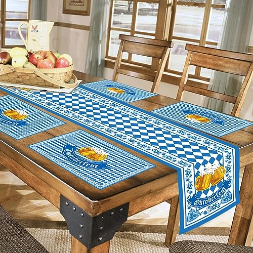 DPKOW 5er Oktoberfest Tischläufer Tischset Set, Blau Weiß Waschbar Bayrisch Tischdecke Platzsets Oktoberfest Esstischdekoration drinnen und draußen für Bierfest Party Dekorationszubehör, Stoff