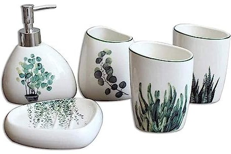 Seifenspender Seifenspender, Badezimmerzubehör, Seifenflasche, weiße Keramik und grünes Pflanzenmuster, Waschtisch-/Arbeitsplatten-Zubehör-Set, 5-teilig Deko