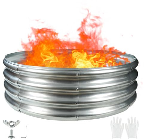 Lager-Feuerstelle, 91 cm Durchmesser, große, runde Feuerschale aus verzinktem Stahl, robuste Stahl-Feuerstelle, silberfarben, für Hinterhof, Camping, Lagerfeuer (90 x 90 x 30 cm)