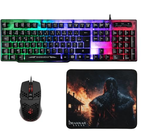 Konix Drakkar Barbarian Gaming-Zubehörpaket für PC - AZERTY-Tastatur mit LED-Hintergrundbeleuchtung - Kabelgebundene Maus 102 g - Viking-Mauspad
