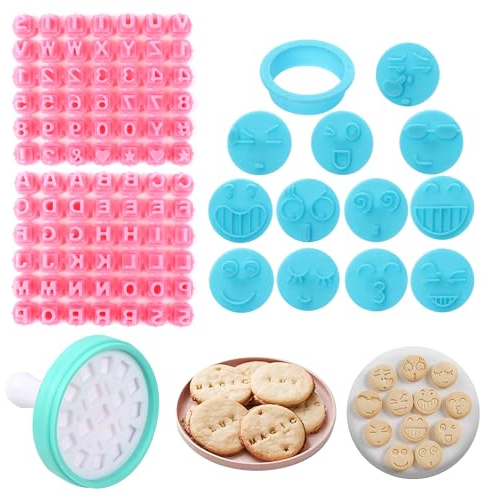 Tampon Biscuit Personnalisable Emporte Piece - 12 Pièces Sourire Mignon et un Set Alphabet Numérique Diy Cutter de Biscuits Accessoires Décoration pour Gâteau Tampons Lettre Smiley Moules à Fondant
