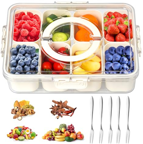 LURICO Snack Box, Caja de Aperitivos, Bandeja de Aperitivos con Tapa, Bandeja Dividida para Servir, Bandeja Aperitivos con tapa, 8 Compartimentos Extraíbles, para Dulces,Frutas,Nueces,Picnic