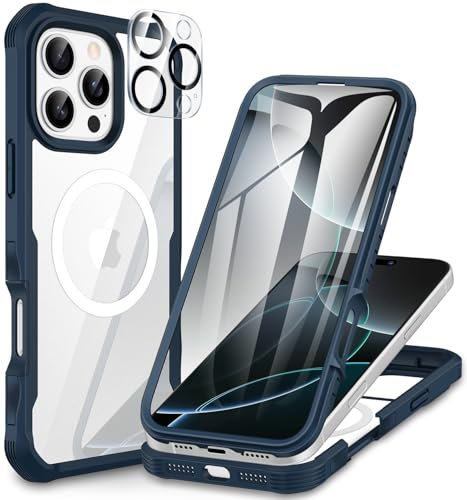 CENHUFO für iPhone 16 Pro Hülle, Kompatibel mit MagSafe Eingebautem Panzerglas Displayschutz und Kameraschutz 360 Grad Schutzhülle Stoßfest Cover Case Magnetisch Handyhülle iPhone 16 Pro - Blau