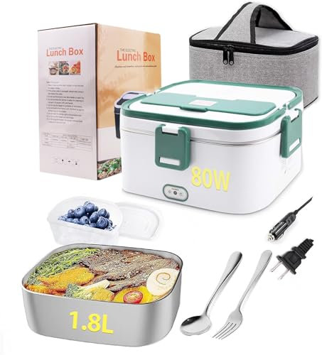 Homtibrm Electric Lunch Box 80W 3 in 1 Heated Lunch Box with 1.8L 304 SS Container/Insulated Bag/Large Cutlery Set,12V 24V 220V Food Warmer for Car Truck Office School and Home Use White (White, 80W)