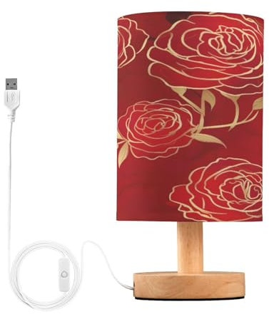xigua Gold Roses Red Bedside Table Lamp, Nightstand Lamp with Linen Fabric Shade - Wooden LED Desk Lamps for Bedrooms, Study Room, Home, College Dorm, Office