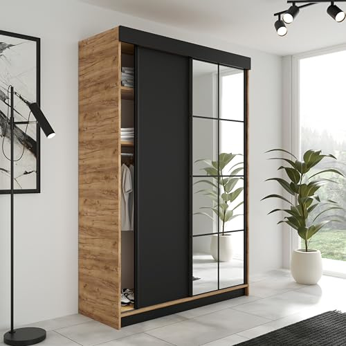 KIER FURNITURE Schiebegarderobe LAMARO mit Spiegel - Schrank Schlafzimmer - Schlafzimmerschrank - Wardrobe Bedroom - Kleiderschränke - Kleiderschrank - 167x205x59cm - Eiche Handwerk Gold & Schwarz