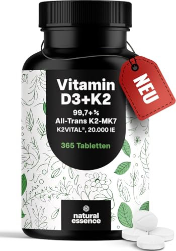 Vitamin D3 K2 hochdosiert – 365 Tabletten mit 20000 IE – 99,7+% All-Trans K2-MK7 - Vitamin D - produziert in Deutschland XXL Family Packung