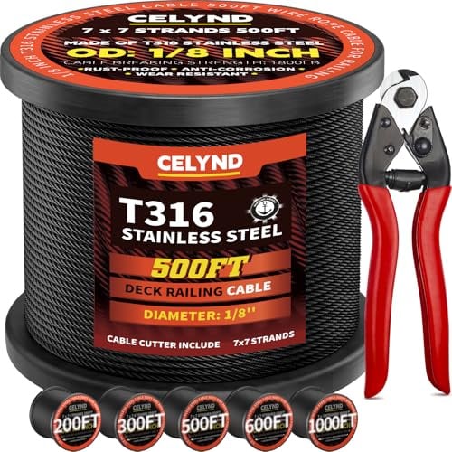 CELYND Black Stainless Steel Cable for Railing - 500FT 1/8 T316 Wire Rope