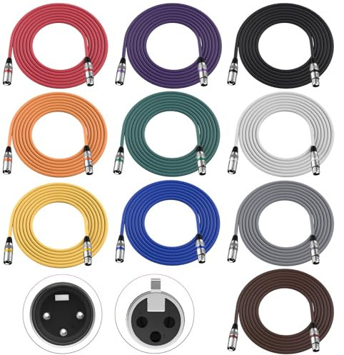 XLR Cables 10 ft 10 Pack, DMX 3-Pin XLR Microphone Male to Female Cable, Compatible with Microphones, Stage Light DMX Cable, Mic Mixer, Speakers and More, Multi-Color 10 Feet