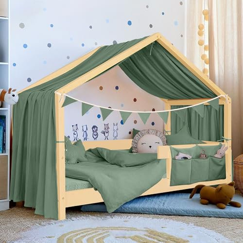 Hausbett Himmel Deko Set, Betthimmel Hausbett aus Musselin - 1 Betthimmel & 1 Wimpelkette, für Jungen Mädchen Deko für Kinderzimmer, Baldachin Kinderzimmer Deko I 135 x 320cm Eukalyptus