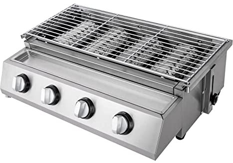 Barbacoa de gas de mesa, 4 quemadores, barbacoa de mesa con cubierta de acero para patio trasero, jardín, terraza, terraza y balcón, color plateado