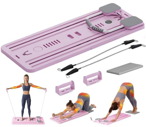 Faltbares Pilates-Brett, Pilates-Reformer-Set mit Ellenbogenstütze und Widerstandsbändern, Reformer-Pilates-Gerät mit Timer, Ab-Roller-Übungsrad, Trainingsausrüstung, Bauchbrett für zu Hause pink