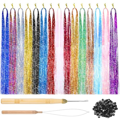 JIYIN 16 Farbe Hair Tinsel, 37 InchGlitzer Haarsträhnen Haar Lametta mit Werkzeug Lametta Sparkle Tinsel Hair Extensions Haarlametta für Frauen Mädchen Kinder Cosplay Party Zubehör