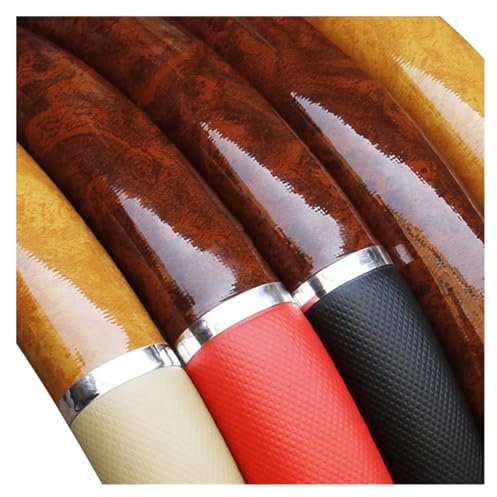 SPUFKGE Lenkradbezug Auto Universal 37 cm Mahagoni Holz Leder Lenkrad Abdeckung Auto Innen Dekoration Lenkradhüllen(1)