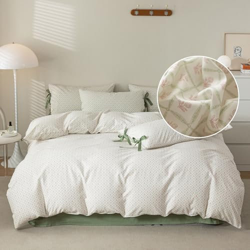 Bettbezug mit rosa Blumen, Vintage-Stil, Landhausstil, rotes Blumenmuster, grünes Gitter, kariert, Bettbezug mit 2 Fliegen, Kissenbezügen, Baumwolle, Mädchen, Blumenmuster, Bettbezug mit