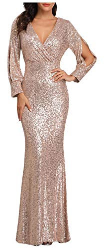 FUPODD Damen Abendkleider Lang Pailletten Kleid Damen Langarm Curvy Bodenlang Cocktailkleid Damen Elegant Festliches Glitzerkleid Frauen V Ausschnitt Partykleid Lange Ballkleid Eng Paillettenkleid