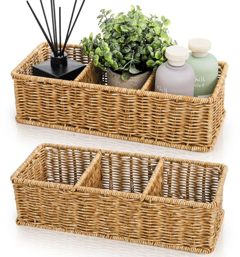 Covzoe 2 Pack Wicker Storage Basket, Toilet Tank Topper Paper Holder With 3 Compartments, Rattan Storage Container Countertop Organizer for Bathroom Bedroom Decor, Tan