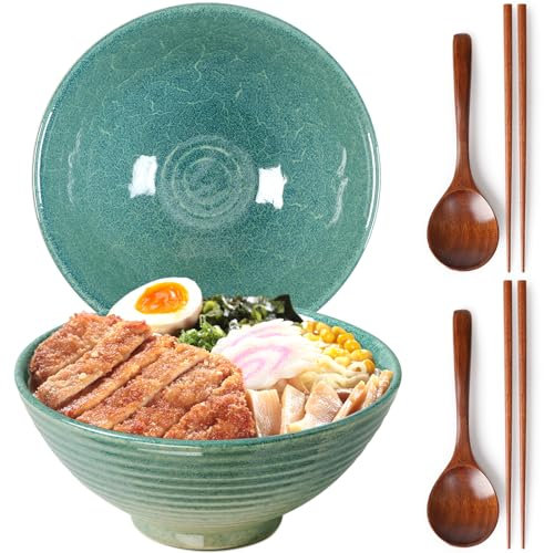 NUTRIUPS Ceramic Ramen Bowl with Chopsticks and Spoons (Ice Crack Green)