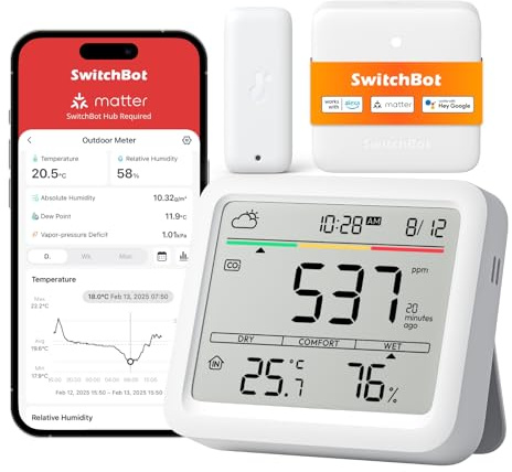 SwitchBot WLAN CO2-Melder, CO2 Messgerät mit IP65 Thermometer Hygrometer und Hub Mini Matter, Luftqualität Messgerät mit CO2-Alarm, Bluetooth CO2 Sensor mit APP, 2 Jahre Datenspeicher