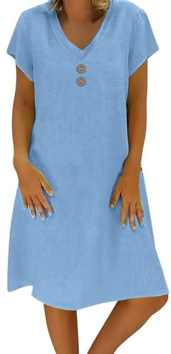 HOOUDO Bodycon Dresses for Women UK Cotton Linen Casual V Neck Midi Dress Short Sleeve A-line Sundress Ladies Tunic Boho Beach with Pockets Long Sleeve Dresses for Women UK