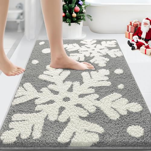 Likiyol Weihnachts-Badezimmerteppich, grau, extra dick, weich, saugfähig, Schneeflocken-Badematte, rutschfest, waschbar, Weihnachts-/Winter-Badteppich, Duschbodenmatten für Weihnachtsdekorationen