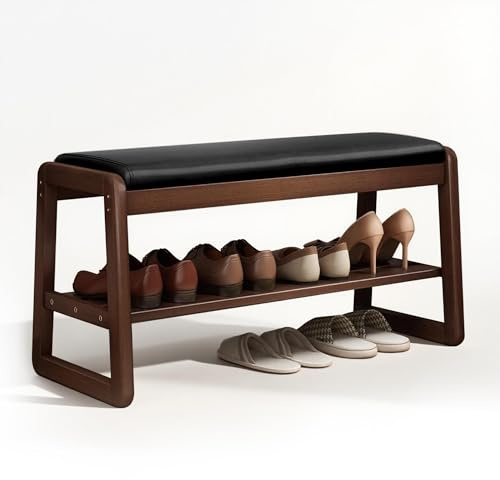 Solid Wood Shoe Bench with Cushion, 2-Tier Entryway Storage Organiser Bench, Modern Shoe Rack with Padded Seat, End of Bed Bench for Hallway, Living Room - Rubberwood Frame, Black (80x30x42cm)