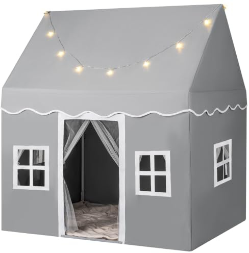 GOPLUS Spielhaus Kinder Indoor, Kinderspielhaus mit Sternenlichtern, Rutschfester Matte, Belüfteten Fenstern, Kinderzelt für 3 Kinder/2 Erwachsene, Einfach aufzubauen & zu waschen (Grau)