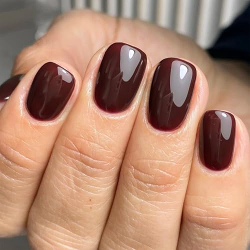BelleFlair 24Pcs Short Square False Nails Dark Brown, Glossy Acrylic Press on Nail Set, Reusable Stick on Nail for Women, Fake Nails Short, Full Cover Manicure