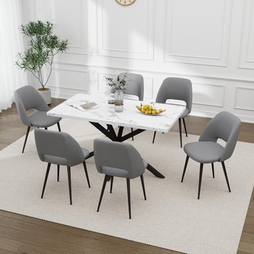 HJhomeheart Esstisch und Stuhlset, Rechteckiger Esstisch 140 * 80 * 75 cm, 6 Gepolsterte Küchenstühle, 7 Teiliges Esszimmer und Stuhlset, für Esszimmer, Küche (Marmormuster + Grau)
