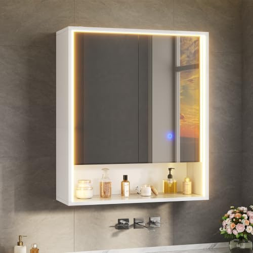 FORABAMB Spiegelschrank mit LED Beleuchtung, Steckdose & 3 Farbtemperaturen | Dimmbare, Badezimmerschrank mit verstellbaren Regalen, HD Spiegel, Touch-Sensor, Doppeltür Hängeschrank 60x70x19 cm, Weiß
