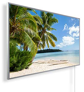 Könighaus Bildheizung 1000 Watt - Thermostat - 14-26 m² | Weißer Rahmen, Motiv: 40. Insel Palme, TÜV SÜD