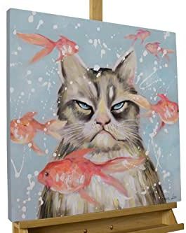 KunstLoft Leinwandbild | 100% HANDGEMALT | 60x60cm | Gemälde 'Very Crabby Cat' | Katze | Blau | Wandbild Wohnzimmer