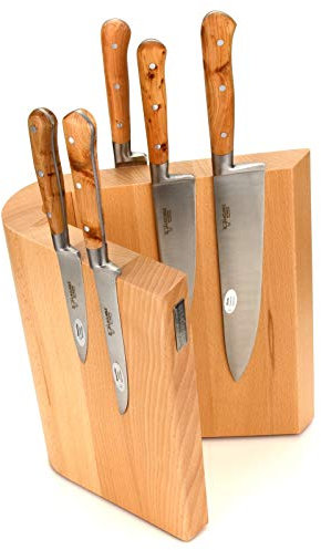 Laguiole en Aubrac Kochmesser Set 5-teilig - Küchenmesser Frankreich - Griff Wacholder - Messerblock magnetisch Artelegno Grand Prix Buche