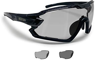 BERTONI Fahrradbrille Sport Sonnenbrille Radbrille MTB mit Sehstärke für Brillenträger mod. QUASAR (Schwartz/Selbsttönende Polarisierte)