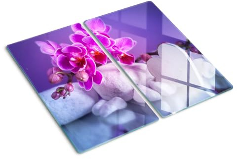 Küchenbrett Glas 2x30x52 cm Rutschfest Silikonfüße Antibakteriell Plastikfrei Gehärtetes Glas Hitzebeständig für die Küche 2 Stück Glasplatte Lebensmittelecht Dekorativ - Orchidee und Herz